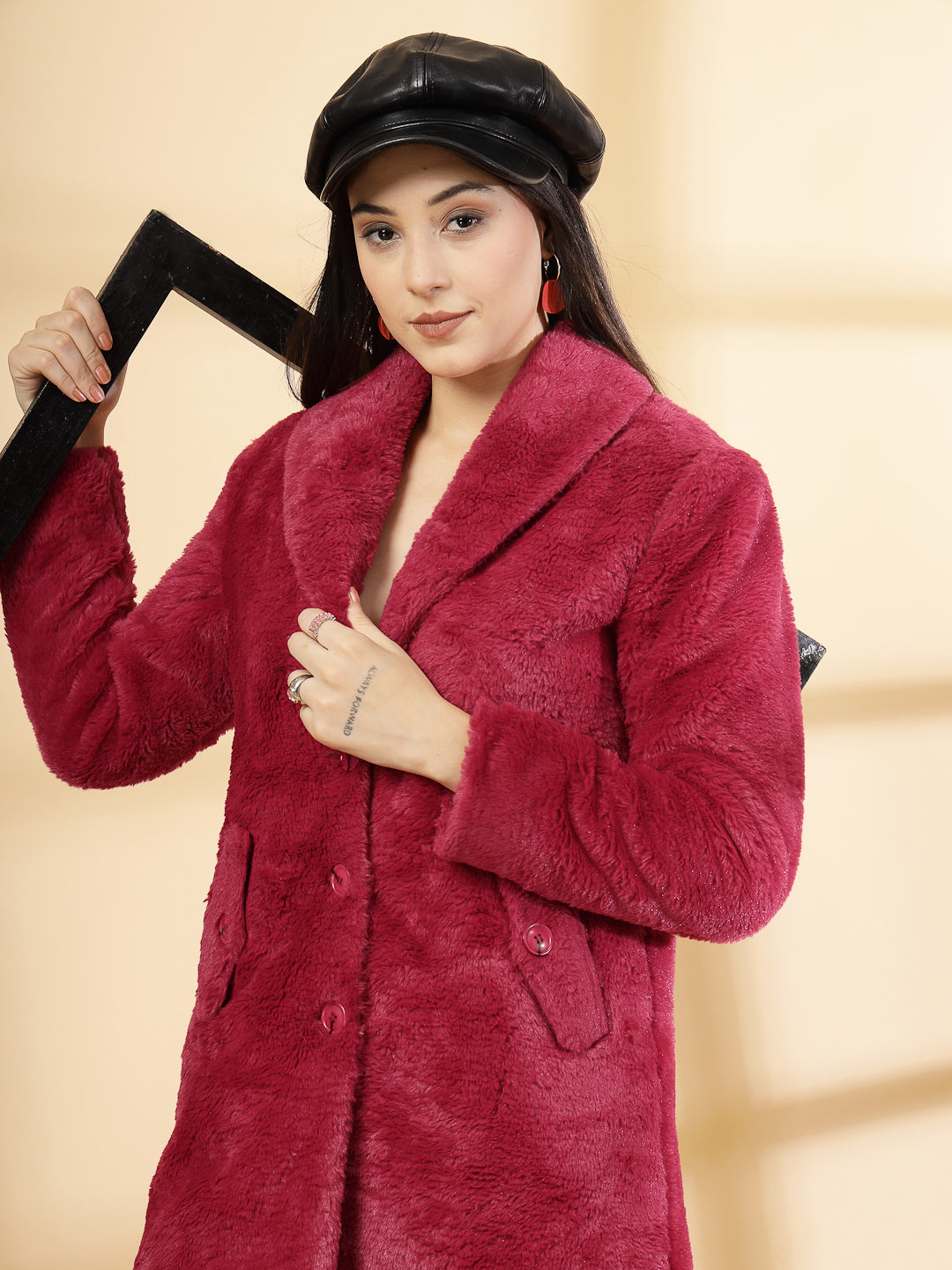 Red Long Sleeve Single-Breasted Woolen Overcoat by KLOTTHE®