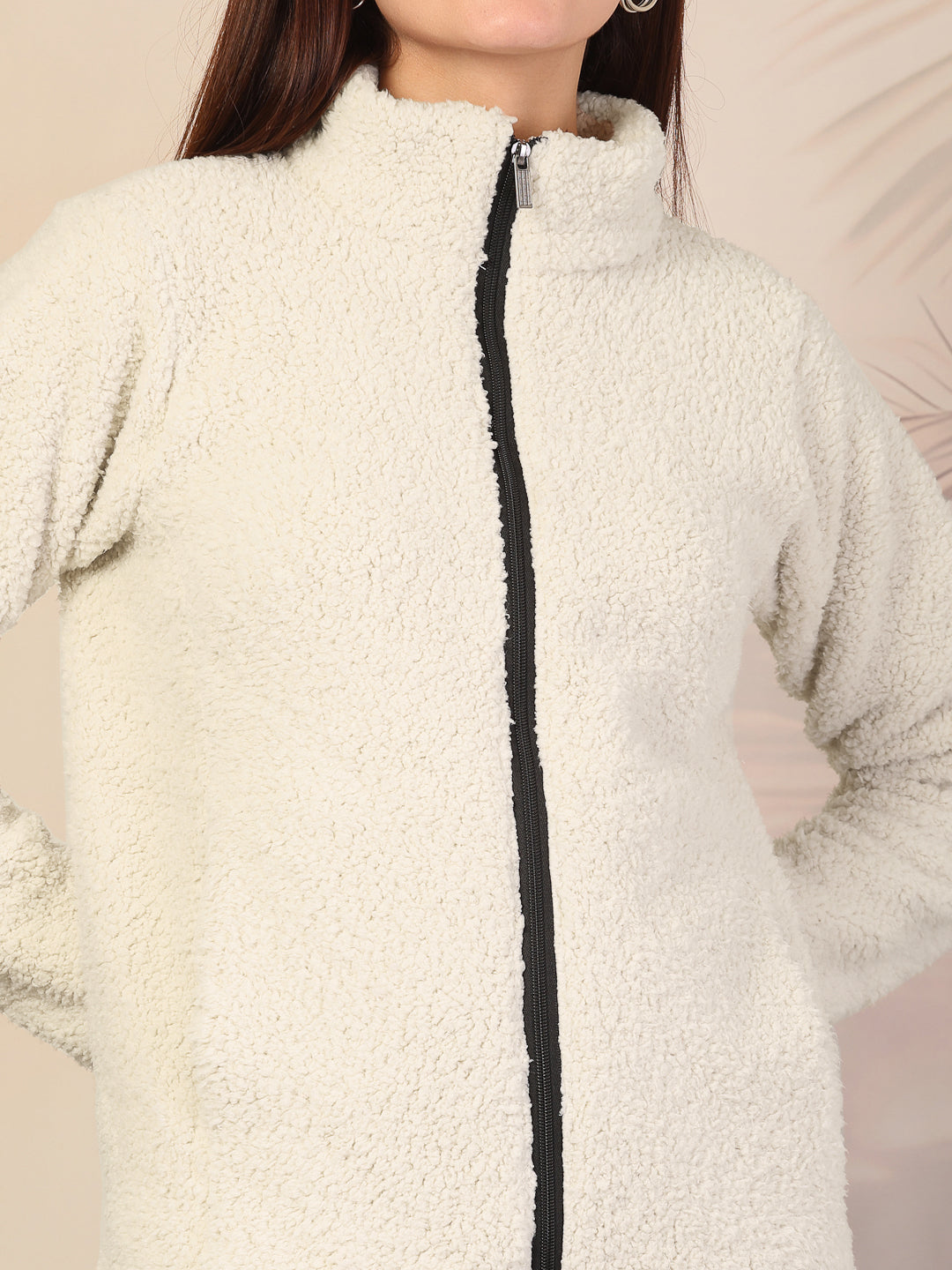 Klotthe Women White Solid Sherpa Heavy Winter Jacket