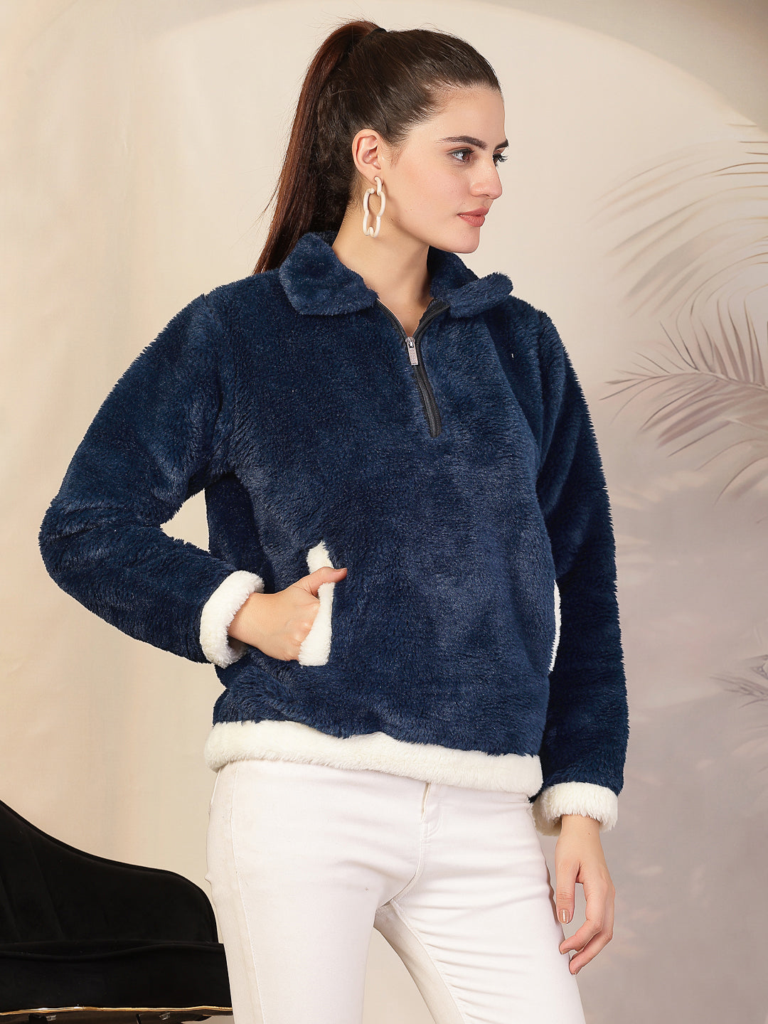 Klotthe Women Blue Solid Woolen Fur Winter Jacket