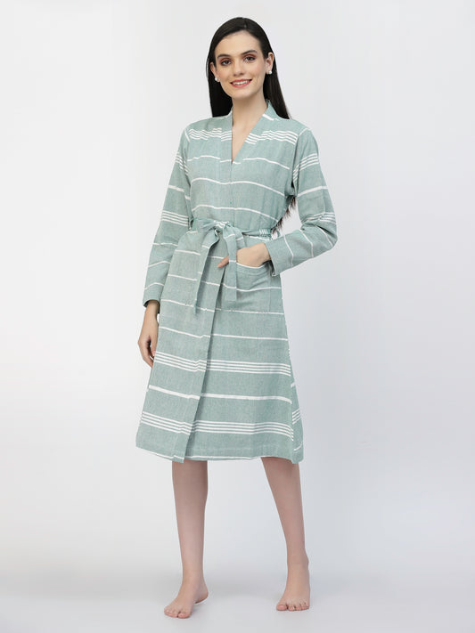 Klotthe Women Green Striped Cotton Bath Robe With Belt