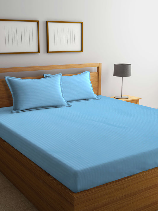 Klotthe Sky Blue Striped 300 TC Cotton Blend Super King Double Bedsheet with 2 Pillow covers (270X270 cm)