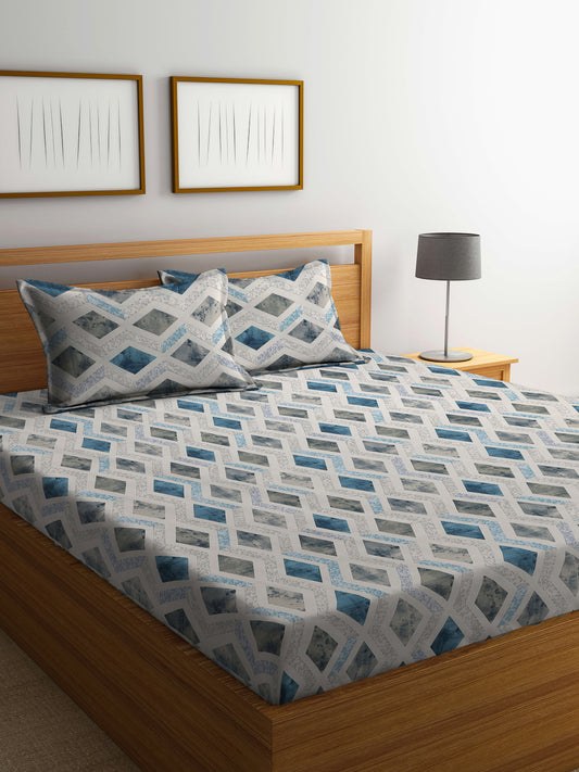 Klotthe Multicolor Geometric 400 TC Pure Cotton Fitted Double Bedsheet with 2 Pillow Covers