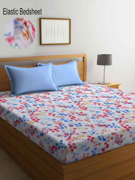 Klotthe Multicolor Floral 300 TC Cotton Blend Fitted Double Bedsheet with 2 Pillow Covers