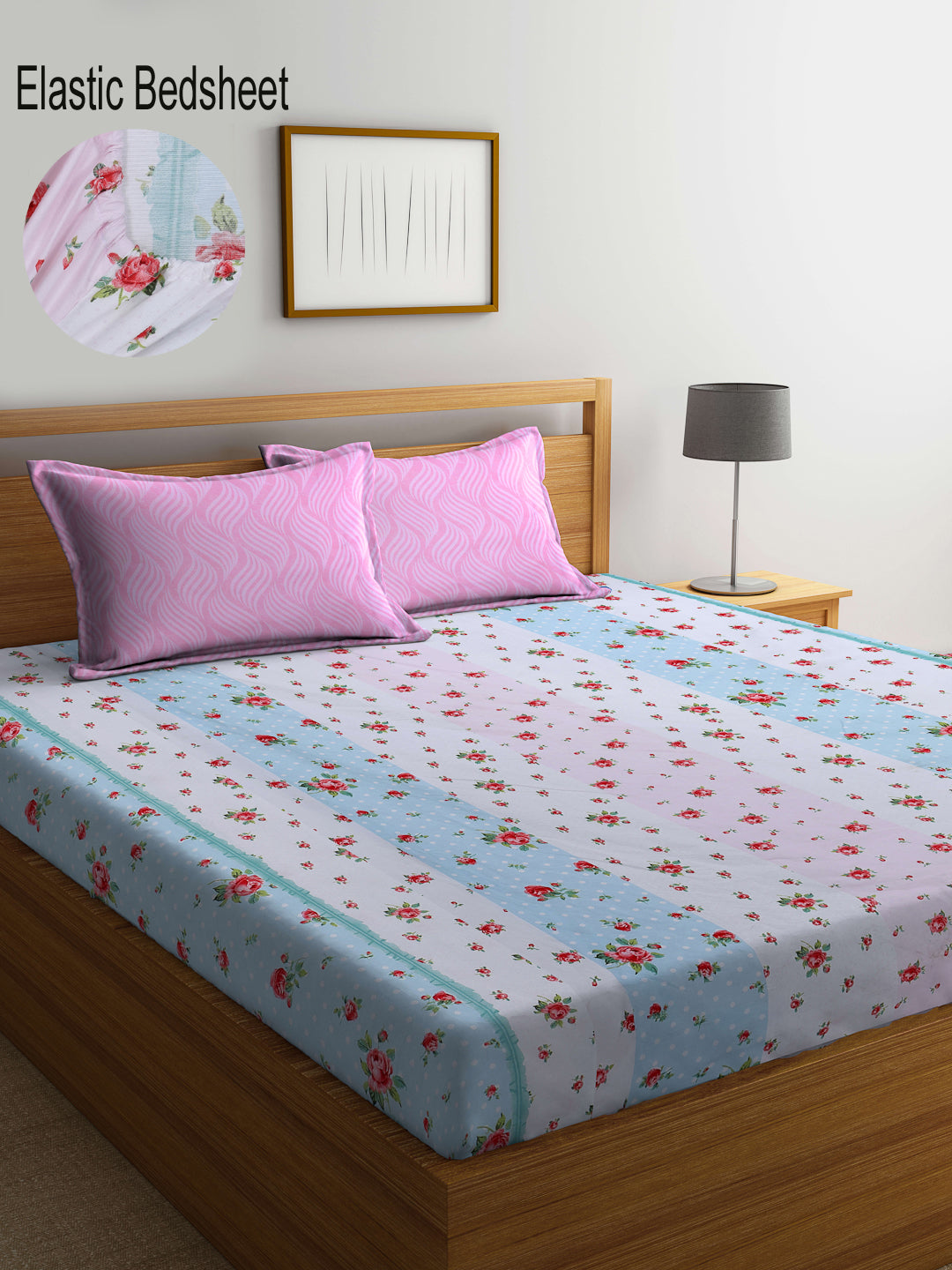 Klotthe Multicolor Floral 300 TC Cotton Blend Fitted Double Bedsheet with 2 Pillow Covers