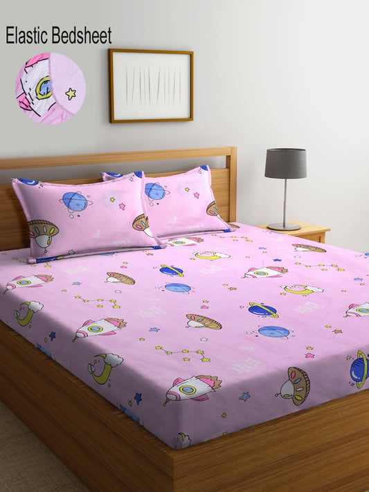 Klotthe Multicolor Cartoon Characters 300 TC Cotton Blend Fitted Double Bedsheet with 2 Pillow Covers