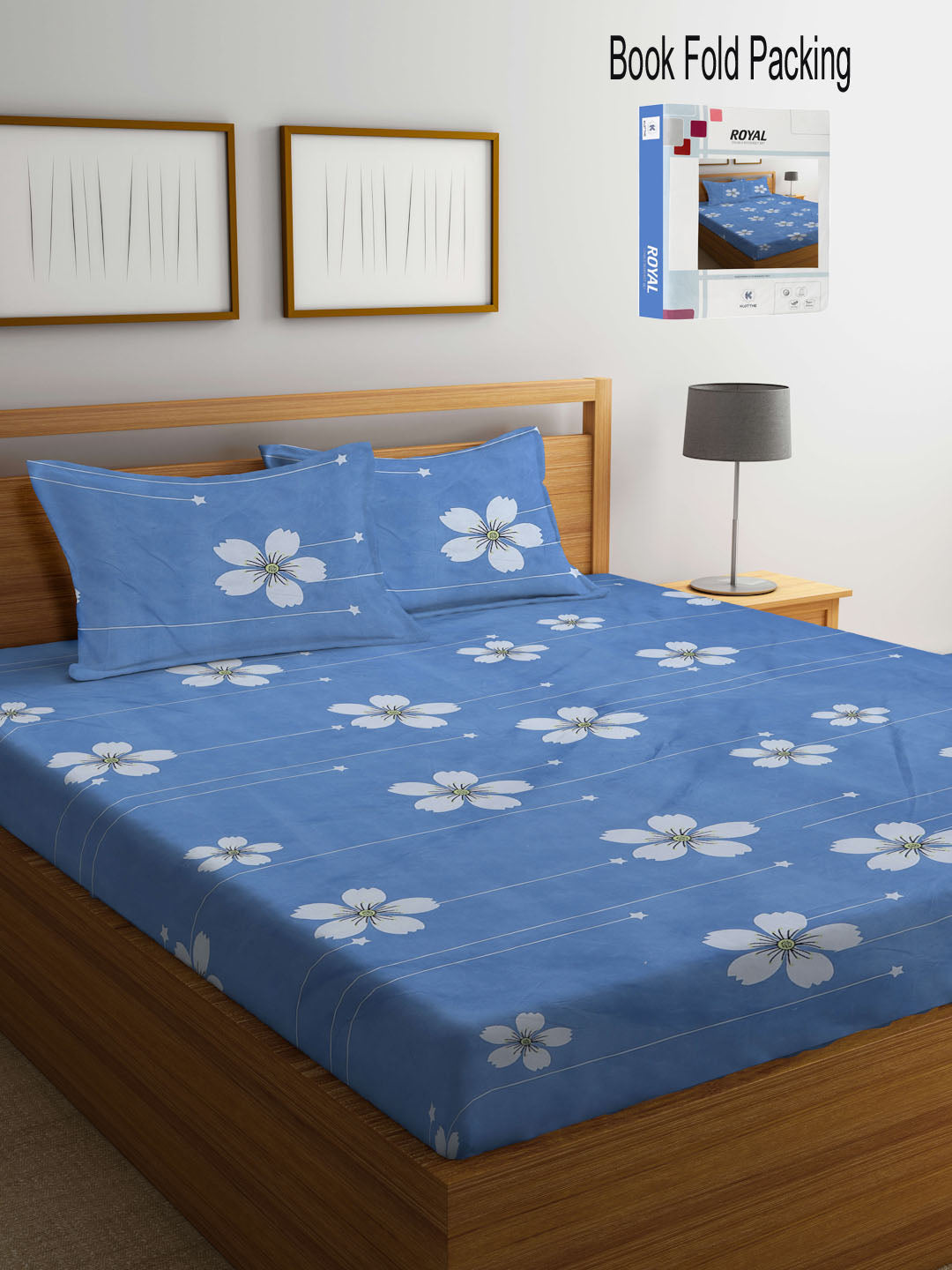 Klotthe Blue Floral 300 TC Cotton Blend Double Bed Sheet with 2 Pillow Covers in Book Fold Packing