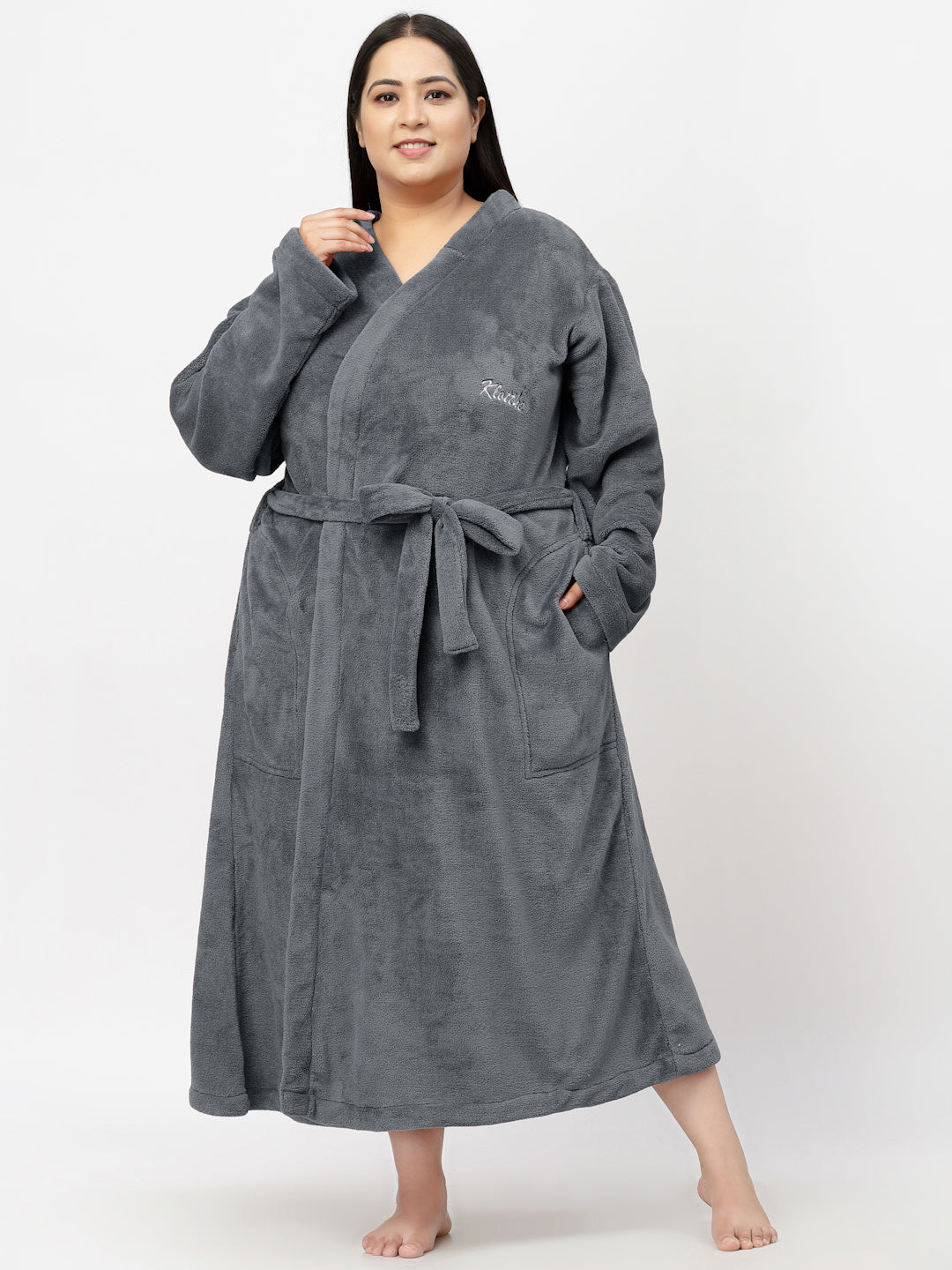 Klotthe Women Grey Solid Bath Robe With Belt