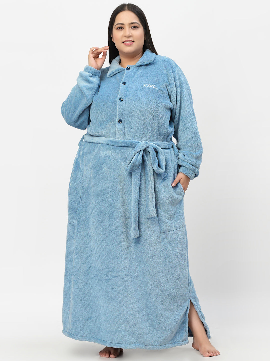 Klotthe Women Blue Solid Bath Robe With Belt