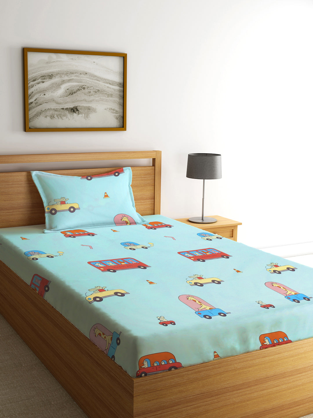 Klotthe Multi Cartoon Characters 210 TC Cotton Blend Single BedSheet with Pillow Cover