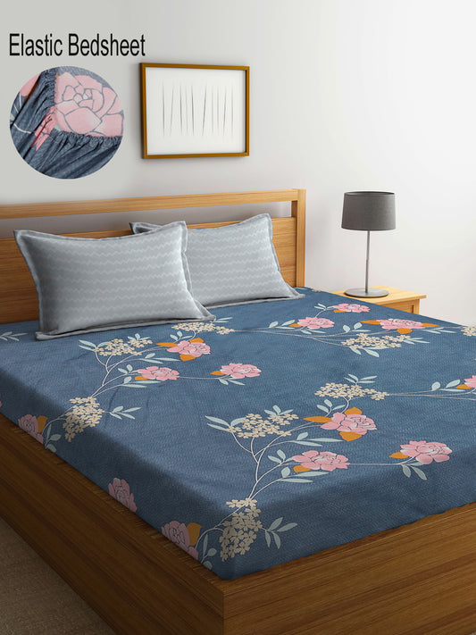 Klotthe Multicolor Floral 300 TC Cotton Blend Fitted Double Bedsheet with 2 Pillow Covers