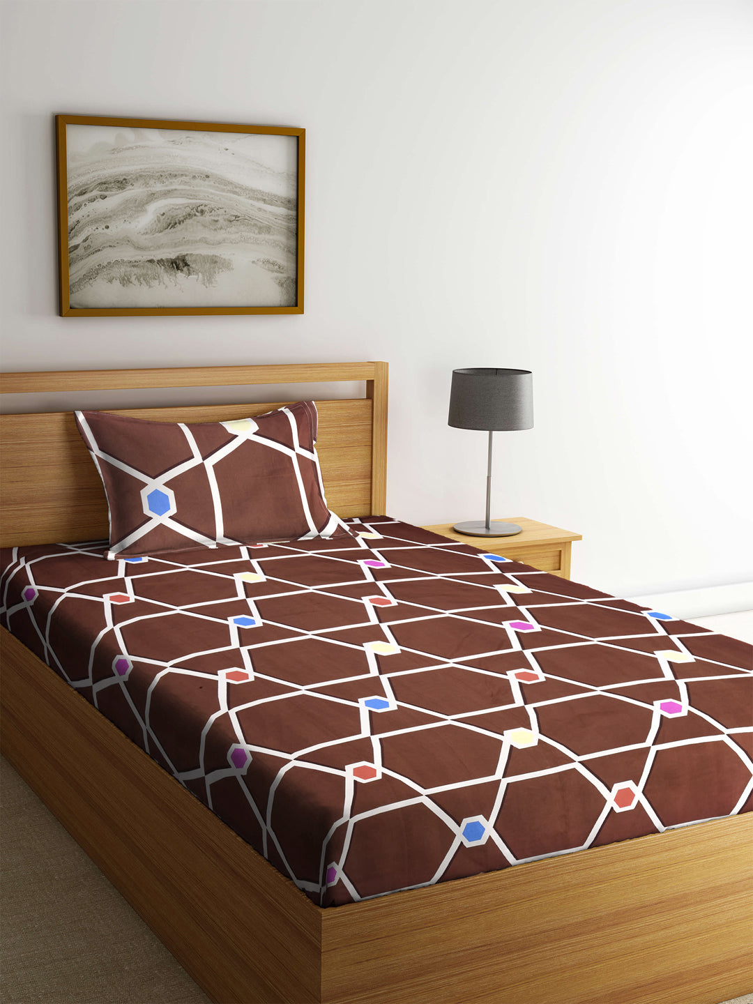 Klotthe Brown Geometric Cotton Blend Single Bedsheet with Pillow cover