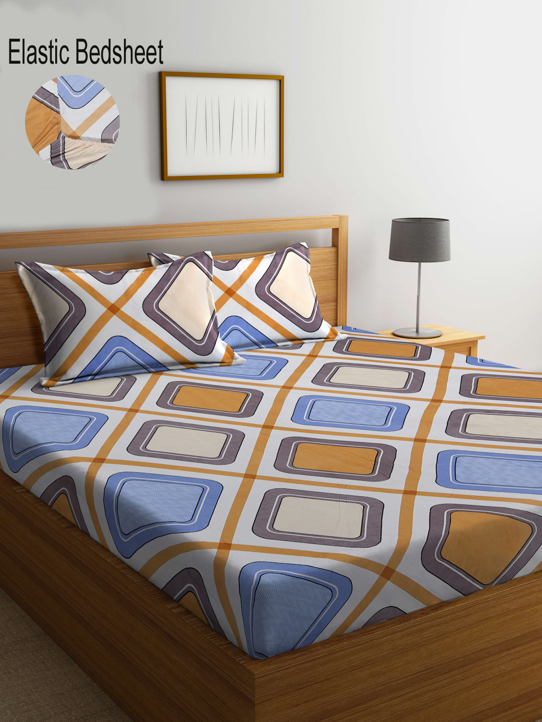 Klotthe Multi Geometric 300 TC Cotton Blend Elasticated Super King Double Bedsheet with 2 Pillow Covers (270X270 cm)