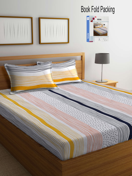 Klotthe Multi Striped 300 TC Cotton Blend Super King Double Bedsheet Set in Book Fold Packing