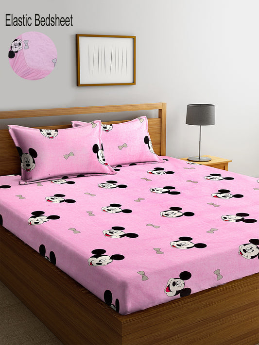 Klotthe Pink Cartoon 210 TC Cotton Blend Elasticated Double Bedsheet with 2 Pillow Covers