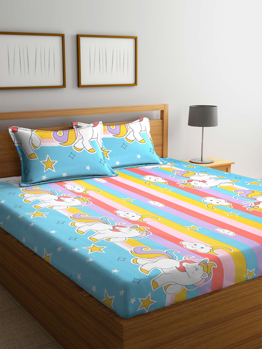 Klotthe Multi Cartoon Print 300 TC Cotton Blend Double Bed Sheet with 2 Pillow Covers in Book Fold Packing