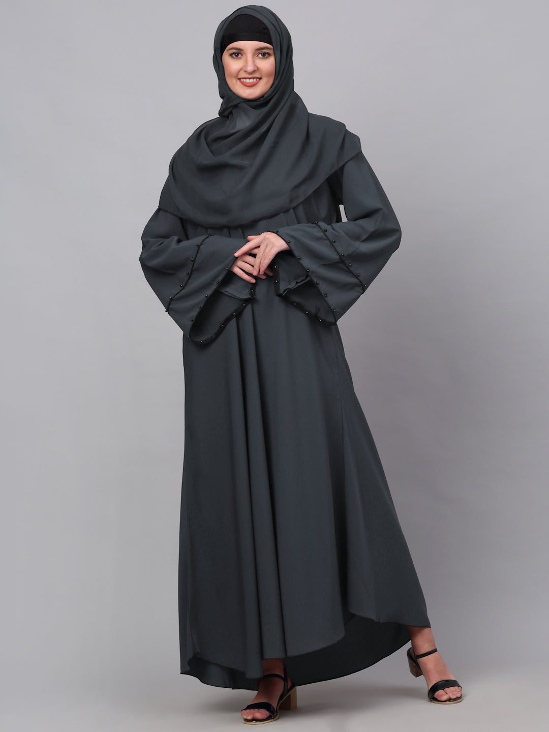 Klotthe Women Grey Embellished Burqa With Scarves