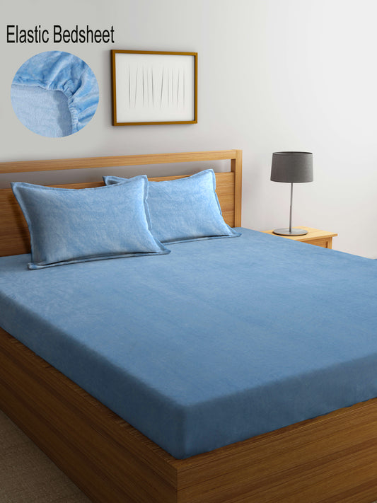 Klotthe Sky Blue Solid Woolen Fitted Double Bed Sheet with 2 Pillow Covers