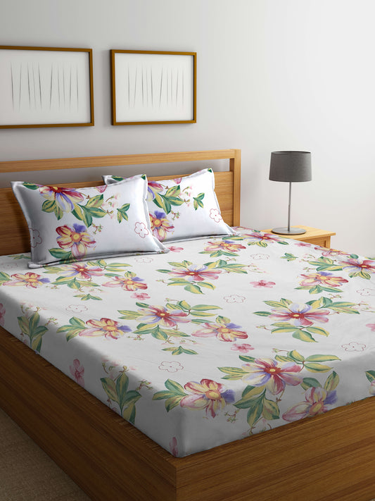 Klotthe Multi Floral 300 TC Cotton Blend Super King Double Bedsheet with 2 Pillow covers (270X270 cm)