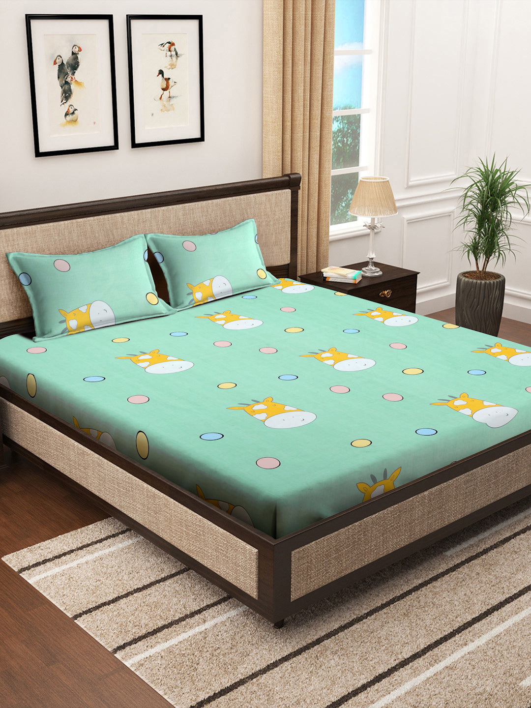 Klotthe Multicolor Cartoon Characters 300 TC Cotton Blend Fitted Double Bedsheet Set in Book Fold Packing