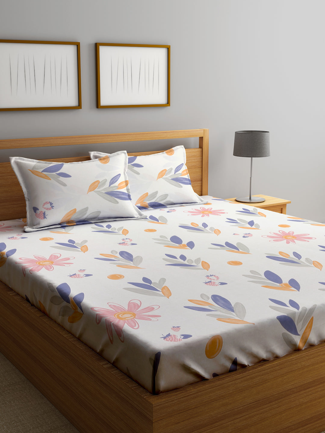 Klotthe Multicolor Floral 300 TC Cotton Blend Fitted Double Bedsheet Set in Book Fold Packing