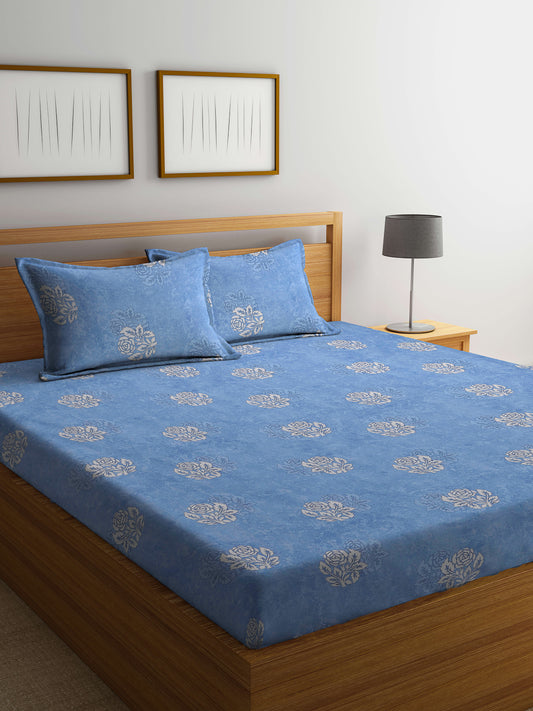 Klotthe Blue Floral 400 TC Pure Cotton Fitted Double Bedsheet with 2 Pillow Covers