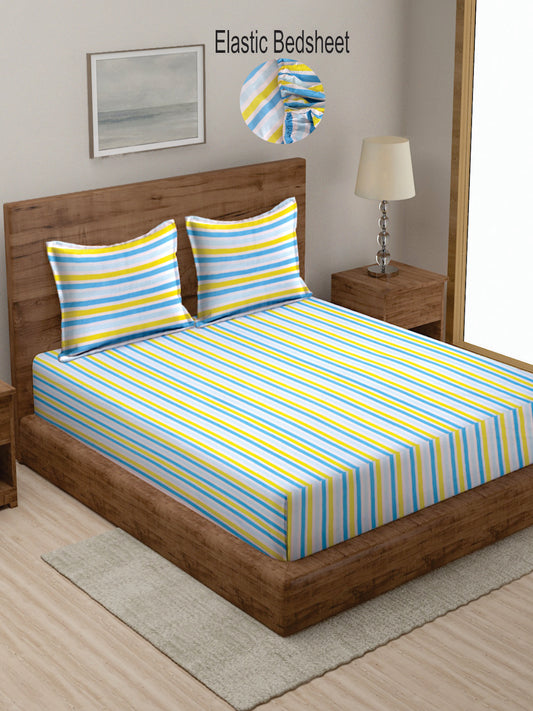 Klotthe MultiColor Striped Cotton Blend 300 TC Fitted Double Bedsheet with 2 Pillow covers