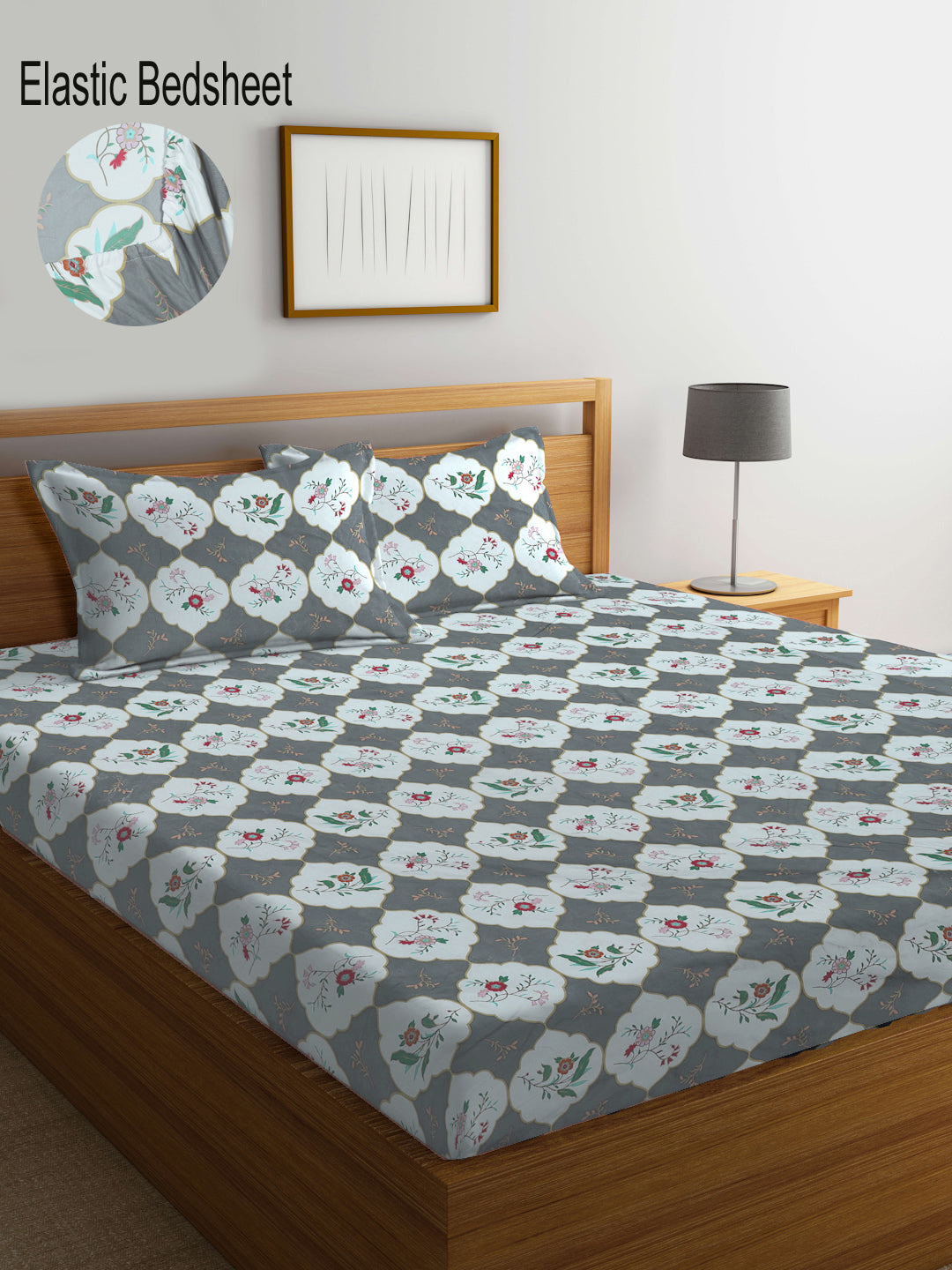 Klotthe Multi Floral 300 TC Cotton Blend Elasticated Super King Double Bedsheet with 2 Pillow Covers (270X270 cm)