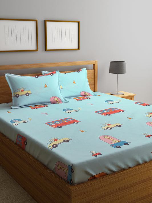 Klotthe Multi Cartoon Print 300 TC Cotton Blend Double Bed Sheet with 2 Pillow Covers in Book Fold Packing