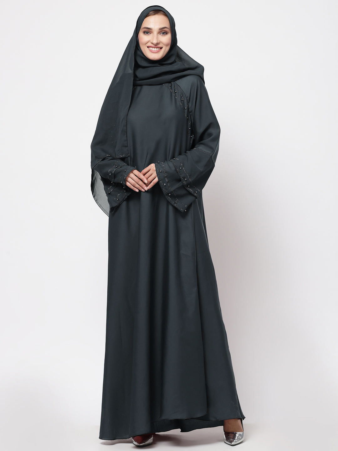 Klotthe Women Grey Embellished Burqa With Scarves