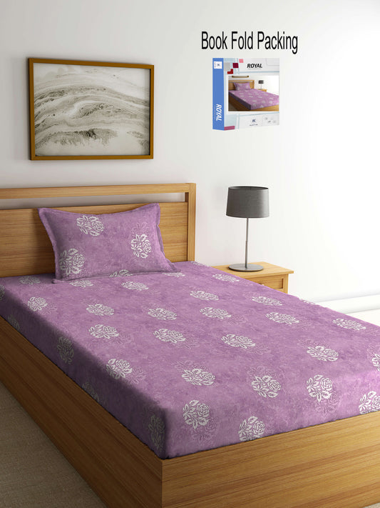 Klotthe Purple Floral 400 TC Pure Cotton Single Bedsheet Set in Book Fold Packing