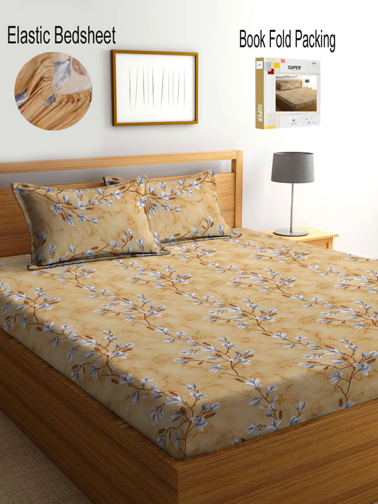 Klotthe Multicolor Floral 400 TC Pure Cotton Fitted Double Bedsheet Set in Book Fold Packing