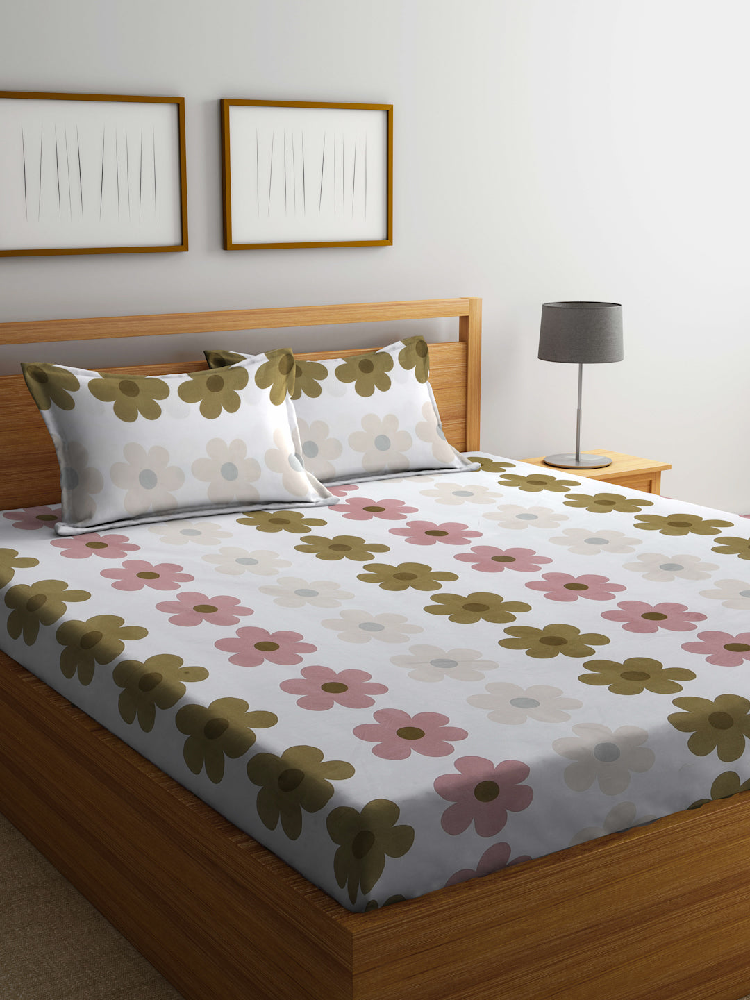 Klotthe Multicolor Floral 300 TC Cotton Blend Fitted Double Bedsheet in Book Fold Packing