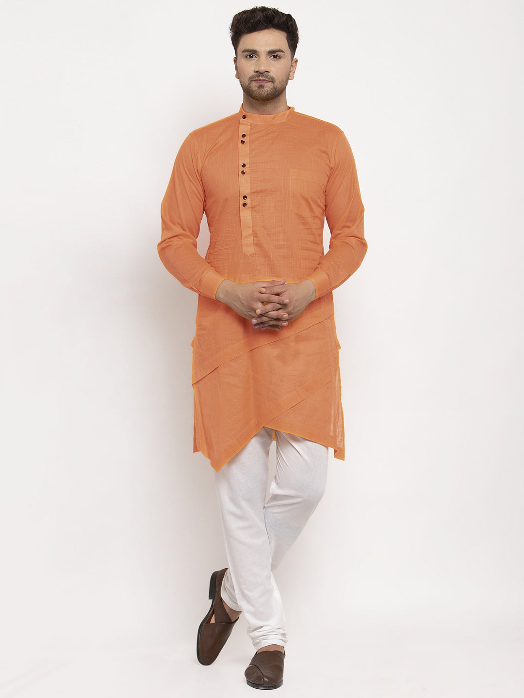 Klotthe Orange Mandarin Collar Solid Cotton Kurta