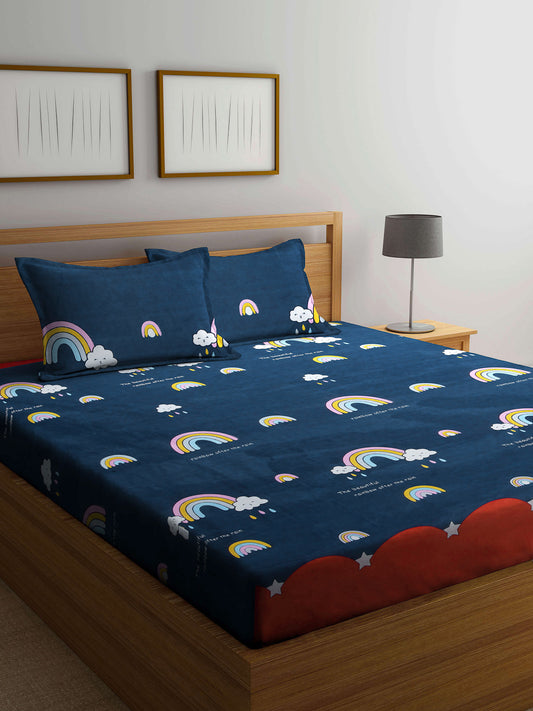 Klotthe Multicolor Cartoon Print Cotton Blend Elasticated Double BedSheet With 2 Pillow Covers