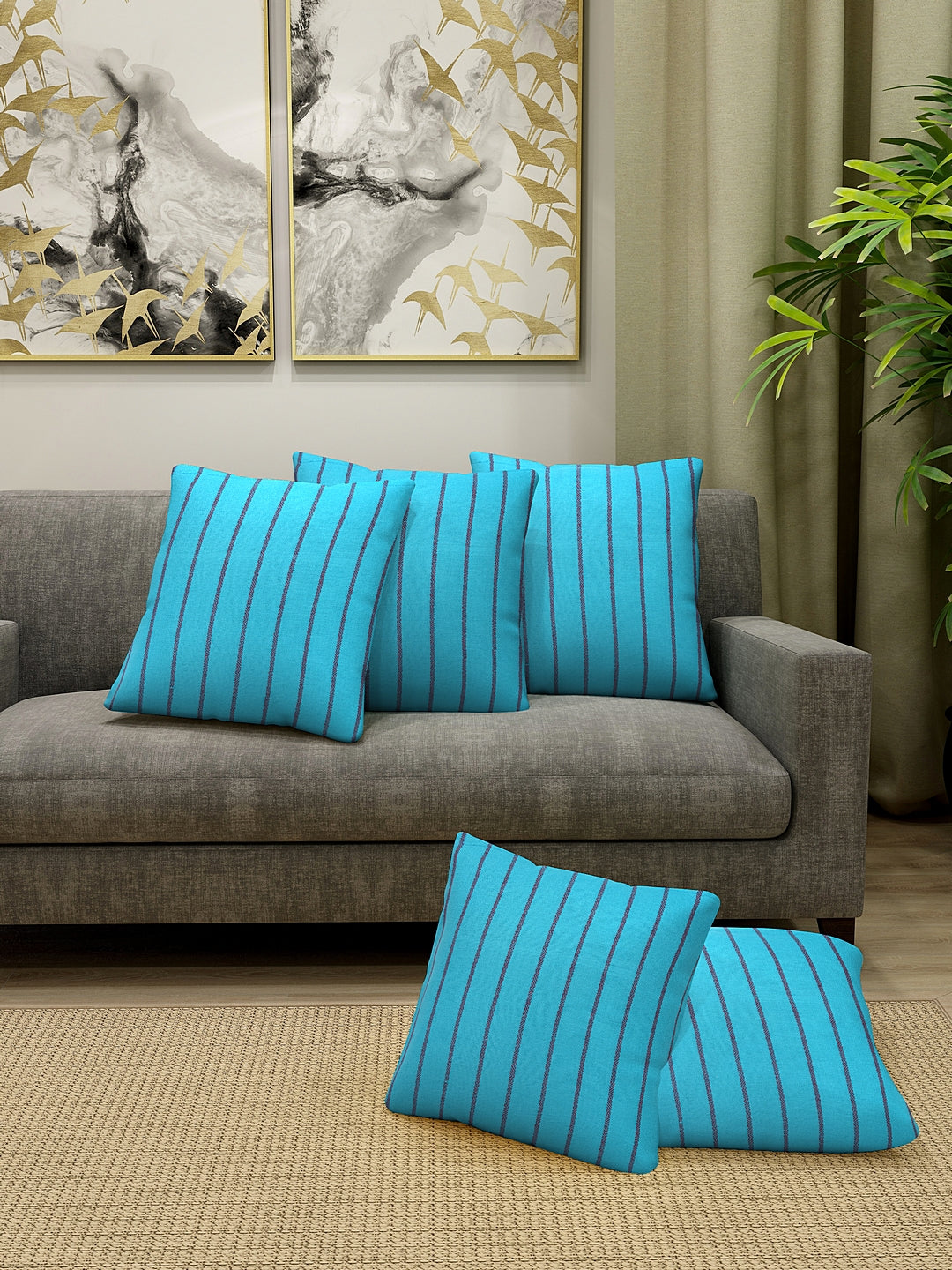 KLOTTHE Turquoise Cotton Striped Cushion Covers (40X40 cm)