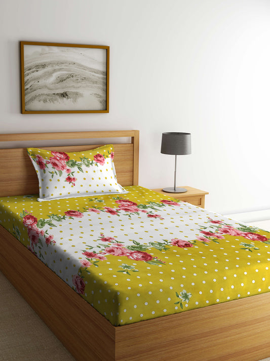 Klotthe Multicolor Floral 300 TC Cotton Blend Single Bedsheet with Pillow Cover