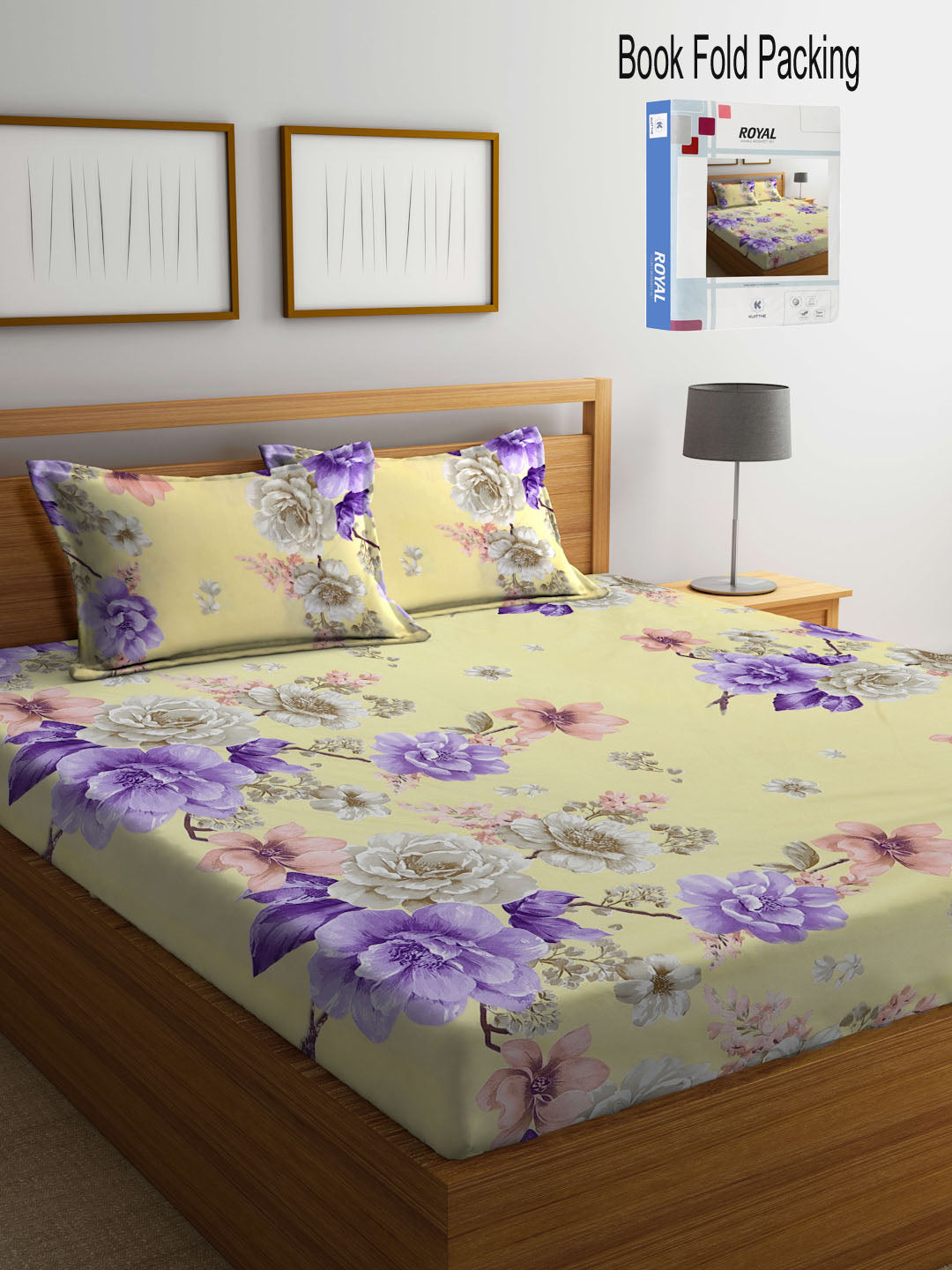 Klotthe Yellow Floral 300 TC Cotton Blend Double Bed Sheet with 2 Pillow Covers in Book Fold Packing