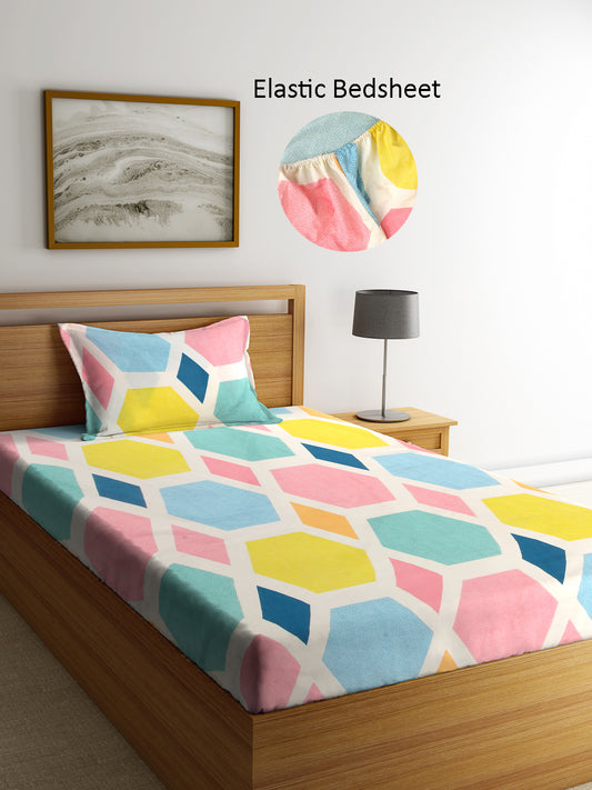 Klotthe Multi Geometric 300 TC Cotton Blend Elasticated Single Bedsheet with Pillow Cover