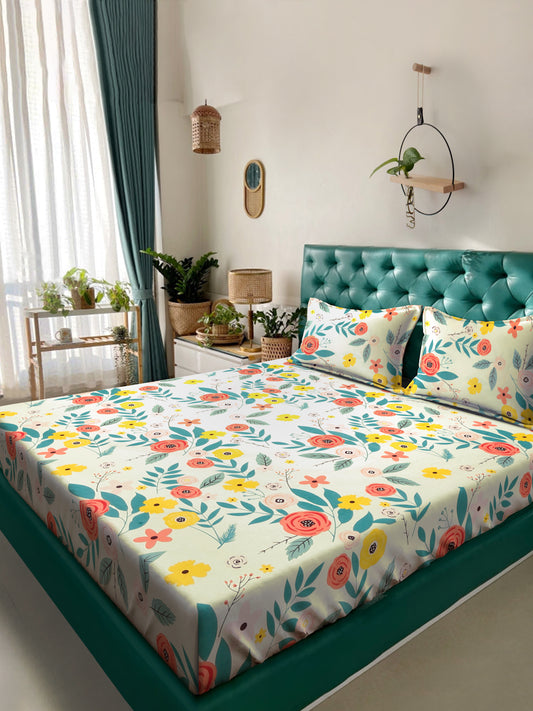 Klotthe Multicolor Floral 300 TC Cotton Blend Fitted Double Bedsheet Set in Book Fold Packing