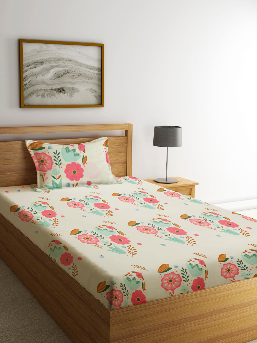 Klotthe Multi 210 TC Floral Cotton Blend Single Bed Sheet with Pillow Cover