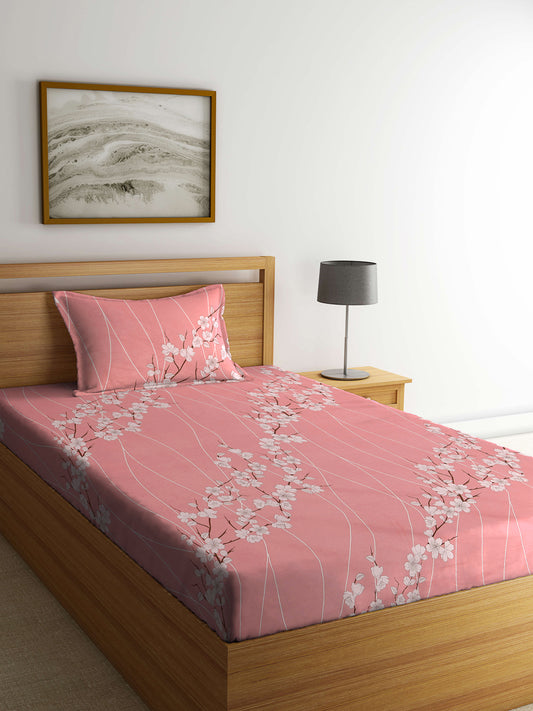 Klotthe Multicolor Floral 400 TC Pure Cotton Fitted Single Bedsheet with Pillow Cover