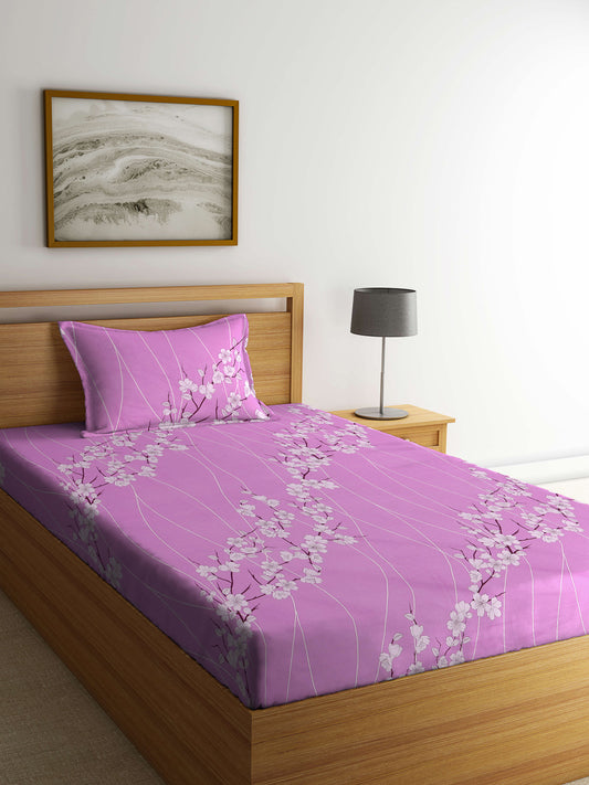 Klotthe Multicolor Floral 400 TC Pure Cotton Fitted Single Bedsheet with Pillow Cover