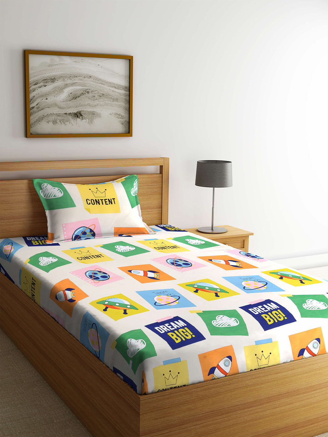 Klotthe Multicolour Kids Print Cotton Blend Single Bedsheet with Pillow cover