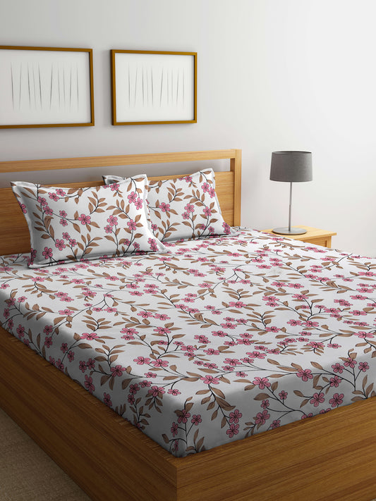 Klotthe Multicolor Floral 300 TC Cotton Blend Fitted Double Bedsheet with 2 Pillow Covers