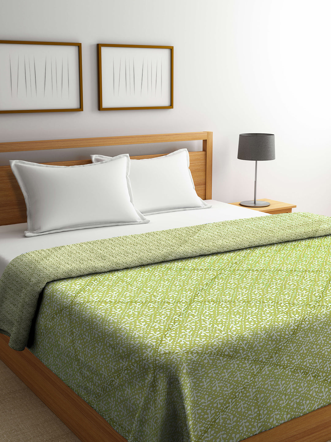 Klotthe Green Abstract Printed 600 GSM Mild Winter Jaypuri Double Bed Quilt