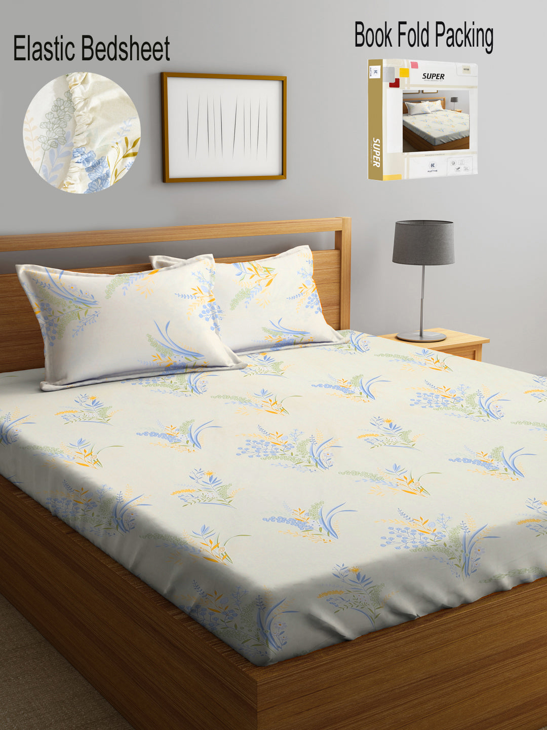 Klotthe Multi Floral 300 TC Cotton Blend Fitted Double Bedsheet with 2 Pillow Covers in Book Fold Packing