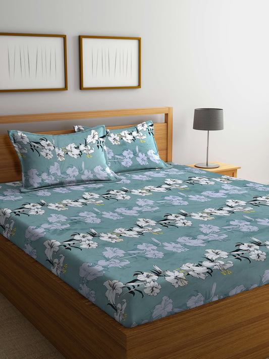 Klotthe Multi Floral 300 TC Cotton Blend Super King Double Bedsheet with 2 Pillow covers (270X270 cm)