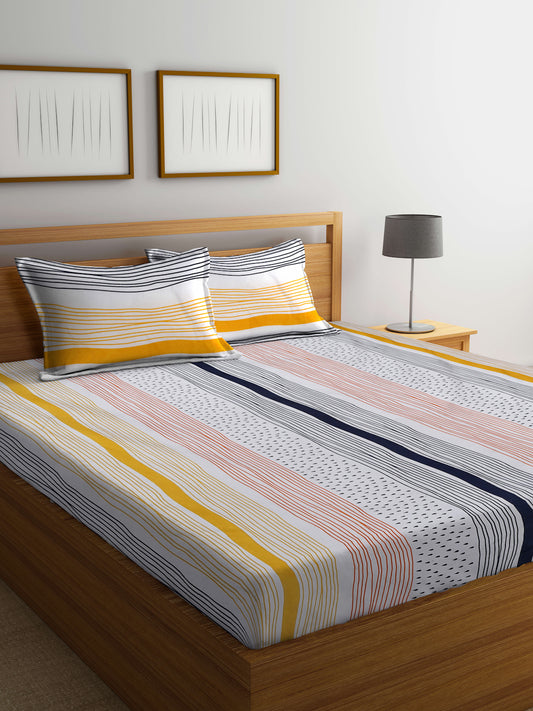 Klotthe Multi Striped 300 TC Cotton Blend Super King Double Bedsheet with 2 Pillow covers (270X270 cm)