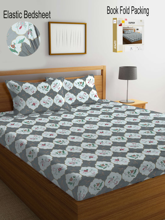 Klotthe Multi Floral 300 TC Cotton Blend Fitted Super King Double Bedsheet Set in Book Fold Packing (270X270 cm)