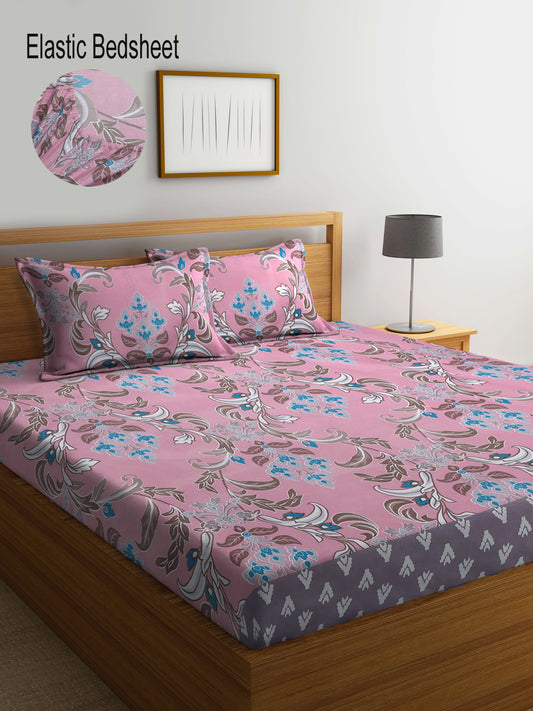 Klotthe Multi Floral 300 TC Cotton Blend Elasticated Super King Double Bedsheet with 2 Pillow covers (270X270 cm)